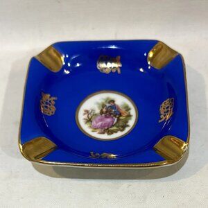 Otco Bavaria Germany Porcelain Cobalt Blue & Gold Ashtray Trinket Courting Scene
